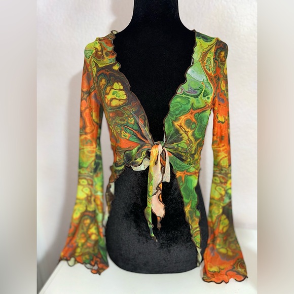 Shein multi-coloured sheer tie-front top with bell sleeves XS - Picture 1 of 8